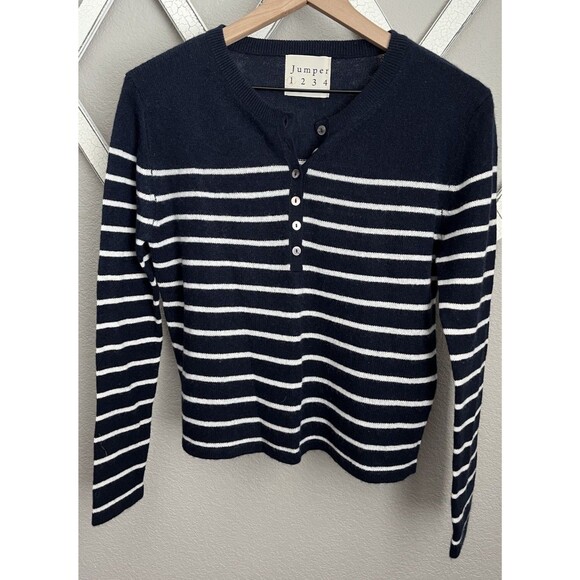 Jumper 1234 Women’s size 1 100% Cashmere Sweater Navy Blue/White Stripe Buttons - Picture 1 of 6